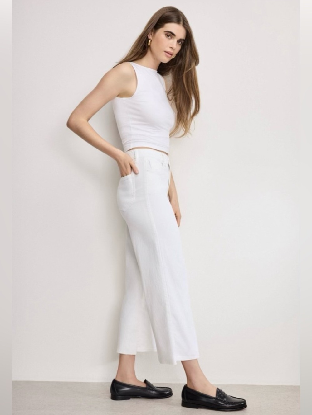 SALE 🎉 NWT Good American Good Waist Palazzo Raw Hem Crop Jeans in White - Picture 5 of 15